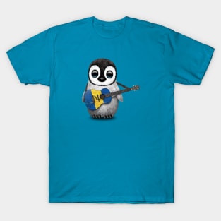 Baby Penguin Playing Barbados Flag Guitar T-Shirt